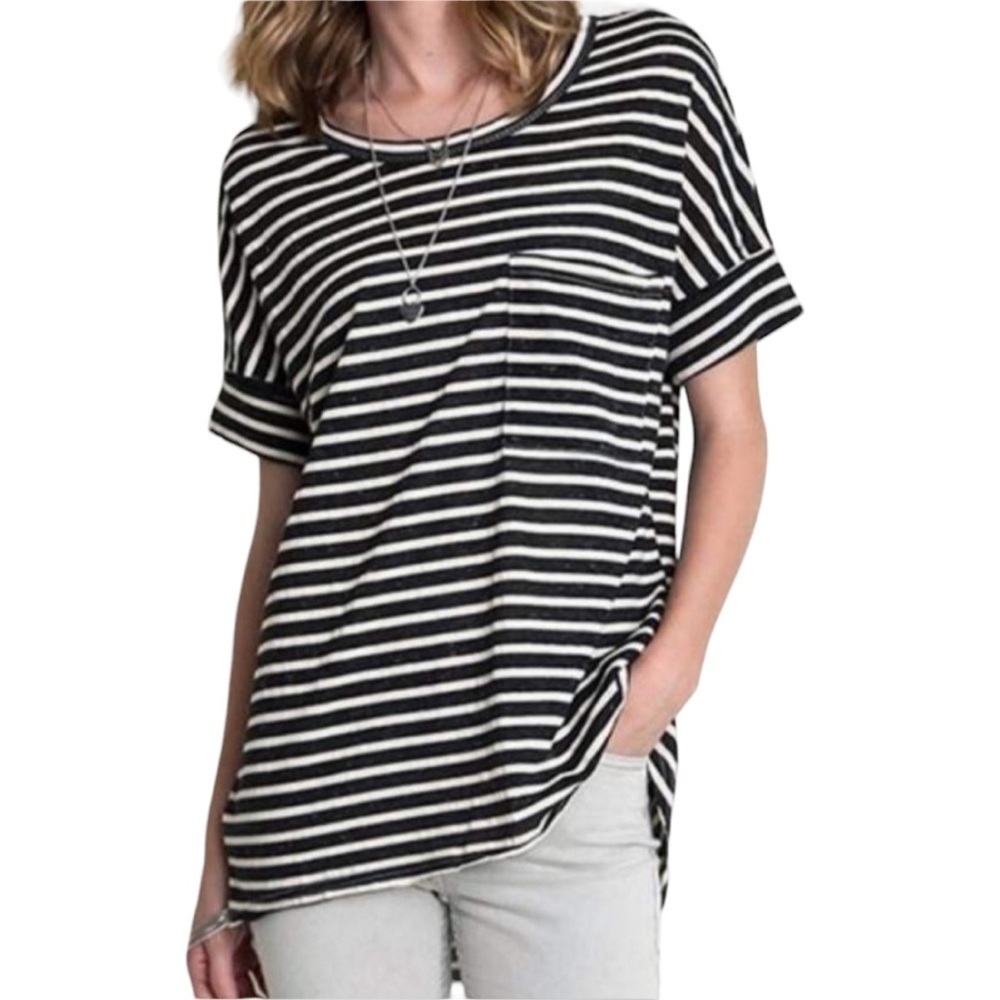 UMGEE Hi Lo Black and White Stripe Pocketed Blouse